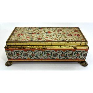 Vtg Ficke & Nacke Footed Tin Box Gold Floral